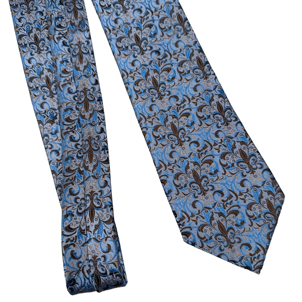 Ateseta Silk Blue‎ brown formal vintage fleur-de-lis pattern Tie necktie Italy